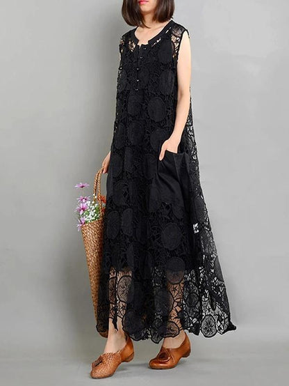 Bohemian pockets asymmetric summer Long black Dress - SooLinen