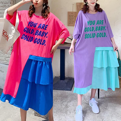 Bohemian purple Letter quilting clothes o neck patchwork loose Dresses - SooLinen