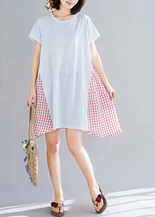 Böhmisches rotes kariertes Baumwollkleid für Damen mit großem Saum, Sommerkleid
