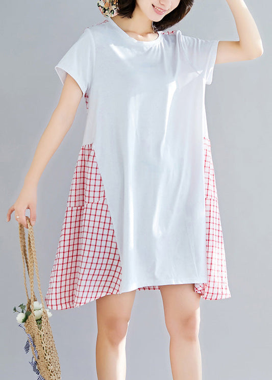 Böhmisches rotes kariertes Baumwollkleid für Damen mit großem Saum, Sommerkleid