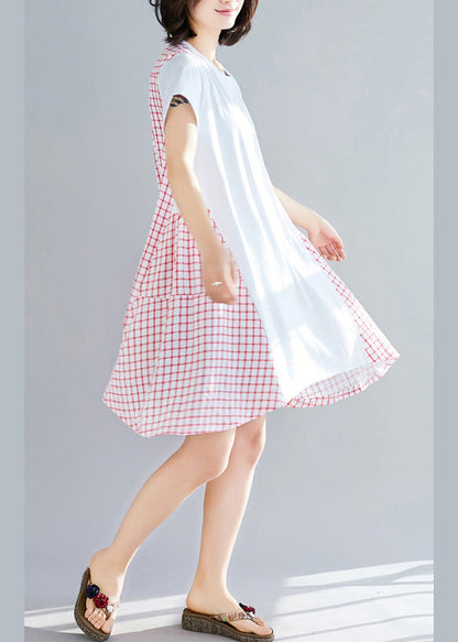 Böhmisches rotes kariertes Baumwollkleid für Damen mit großem Saum, Sommerkleid