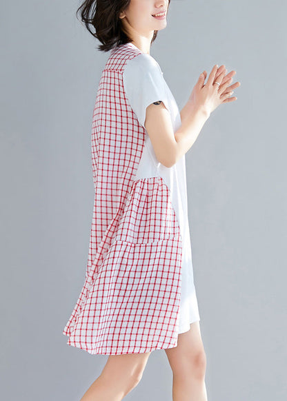 Böhmisches rotes kariertes Baumwollkleid für Damen mit großem Saum, Sommerkleid