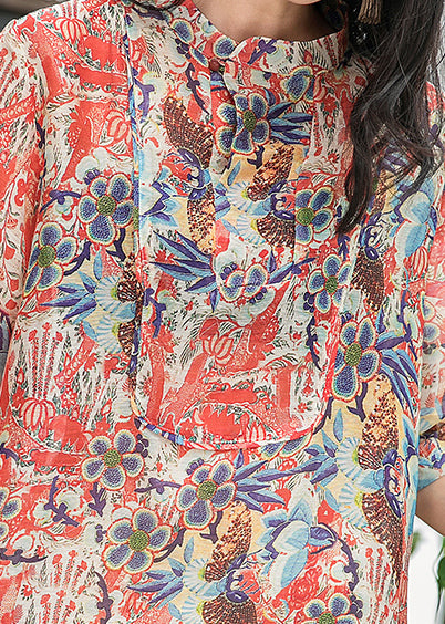 Böhmisches rotes bedrucktes Seidenleinenkleid, Arbeitsoutfits, Stehkragen, Taschen, A-Linie, Sommerkleid