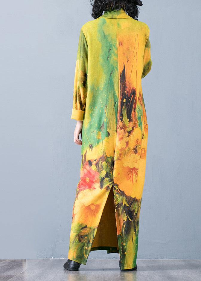 Bohemian v neck back side open cotton clothes For Women Fabrics yellow print Art Dresses fall - SooLinen