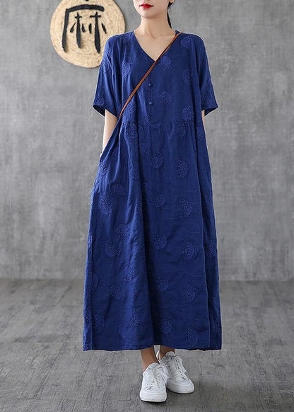 Bohemian v neck embroidery linen dresses Tutorials navy Dress - SooLinen