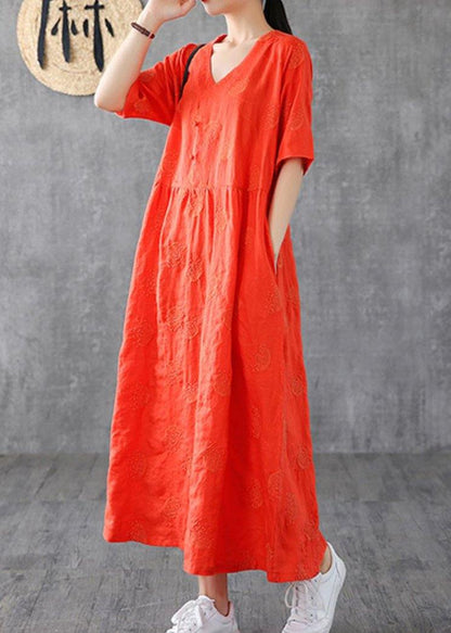 Bohemian v neck embroidery linen dresses Tutorials navy Dress - SooLinen