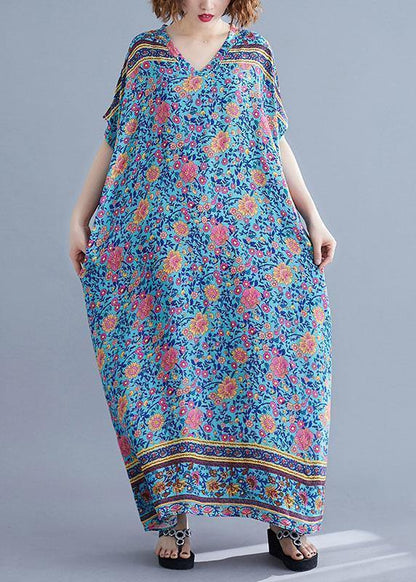 Bohemian v neck pockets cotton summer tunic pattern Photography blue print long Dress - SooLinen