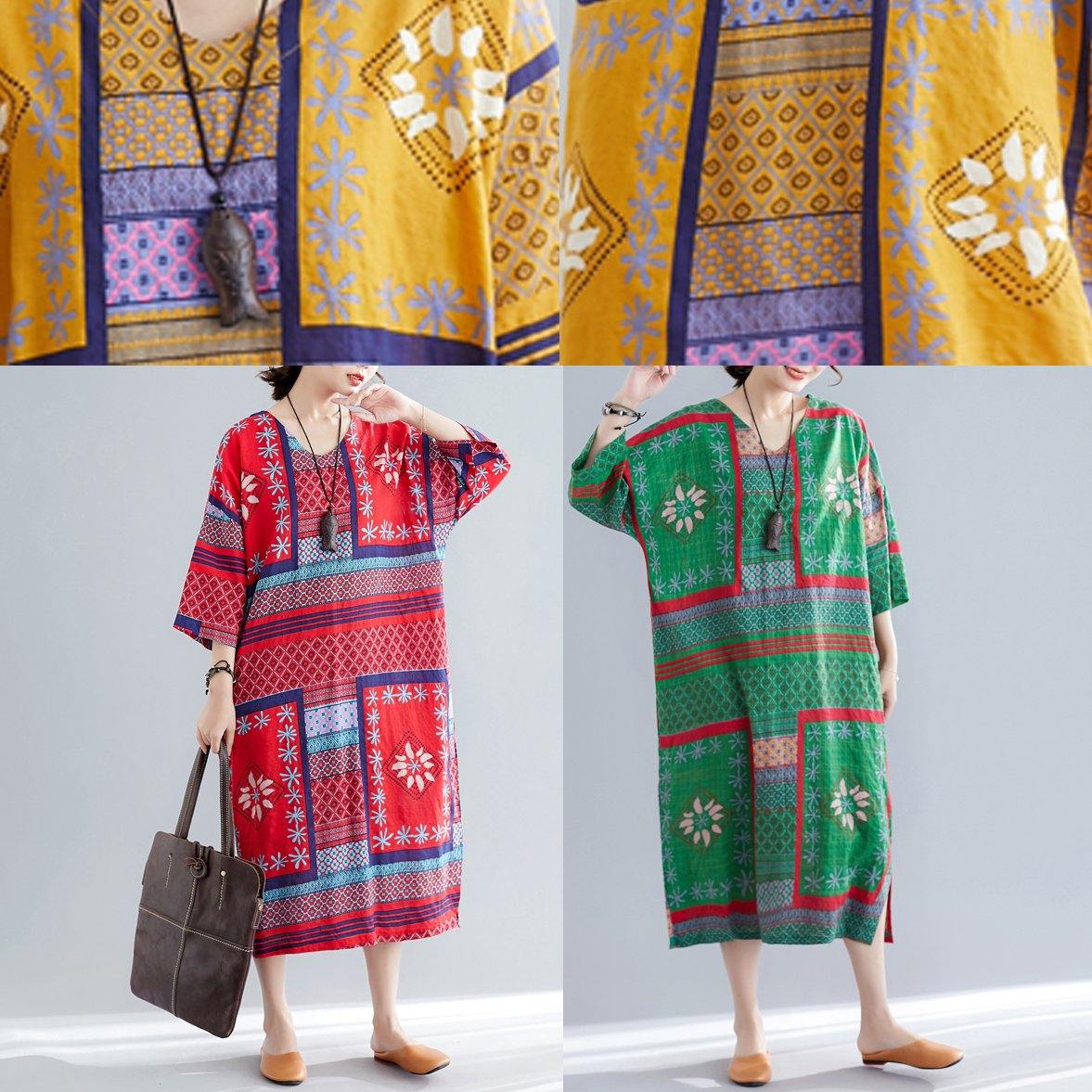 Bohemian v neck side open cotton Women pattern green print Maxi Dresses summer - SooLinen