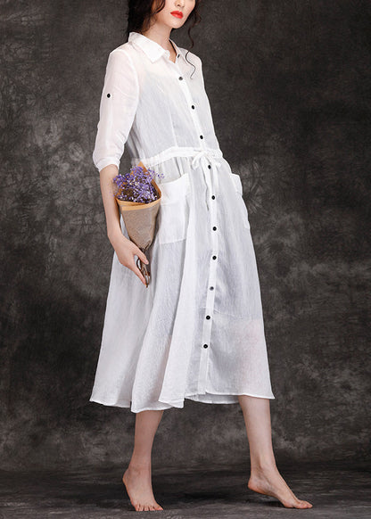 Böhmische weiße Leinenkleidung für Frauen Boutique-Outfits Reverstaschen Robe Sommerkleider