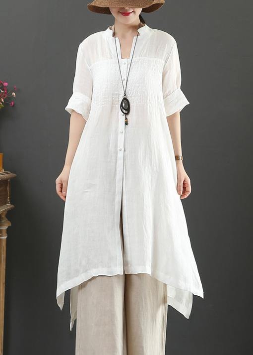 Bohemian white linen crane tops v neck tunic summer blouses - SooLinen