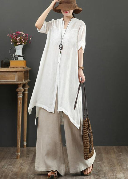 Bohemian white linen crane tops v neck tunic summer blouses - SooLinen