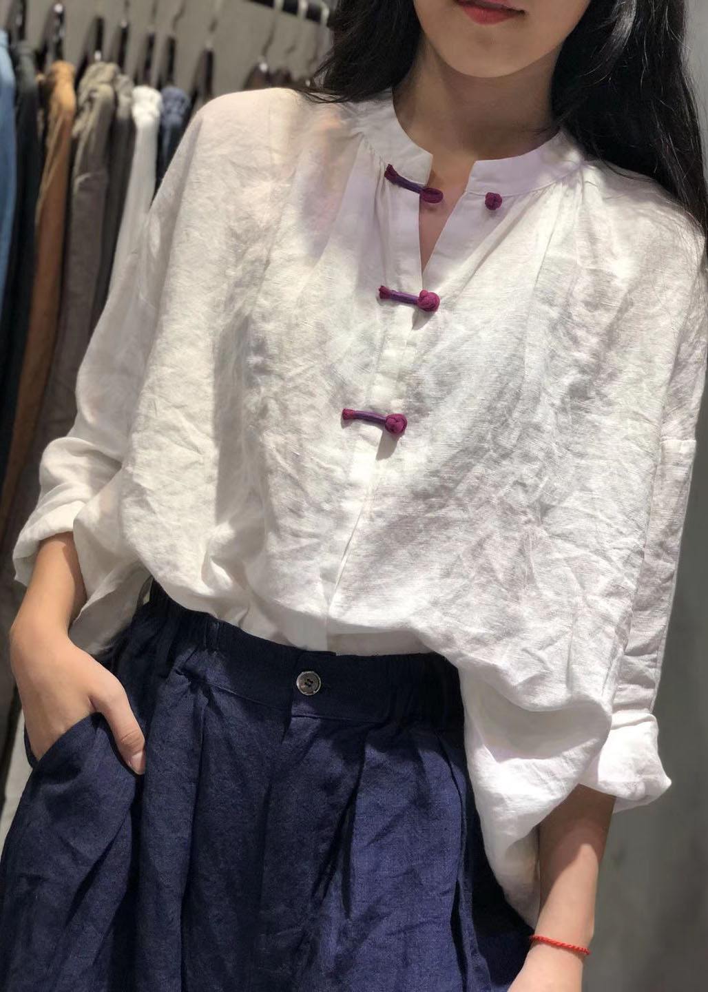 Bohemian white stand collar linen box top Chinese Button Plus Size Clothing fall top - SooLinen