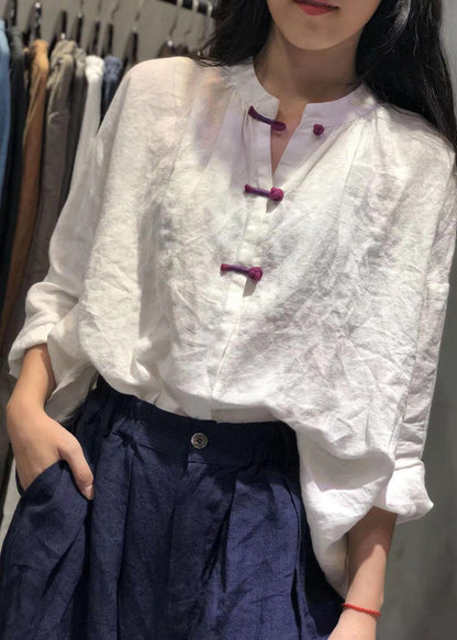 Bohemian white stand collar linen box top Chinese Button Plus Size Clothing fall top - SooLinen