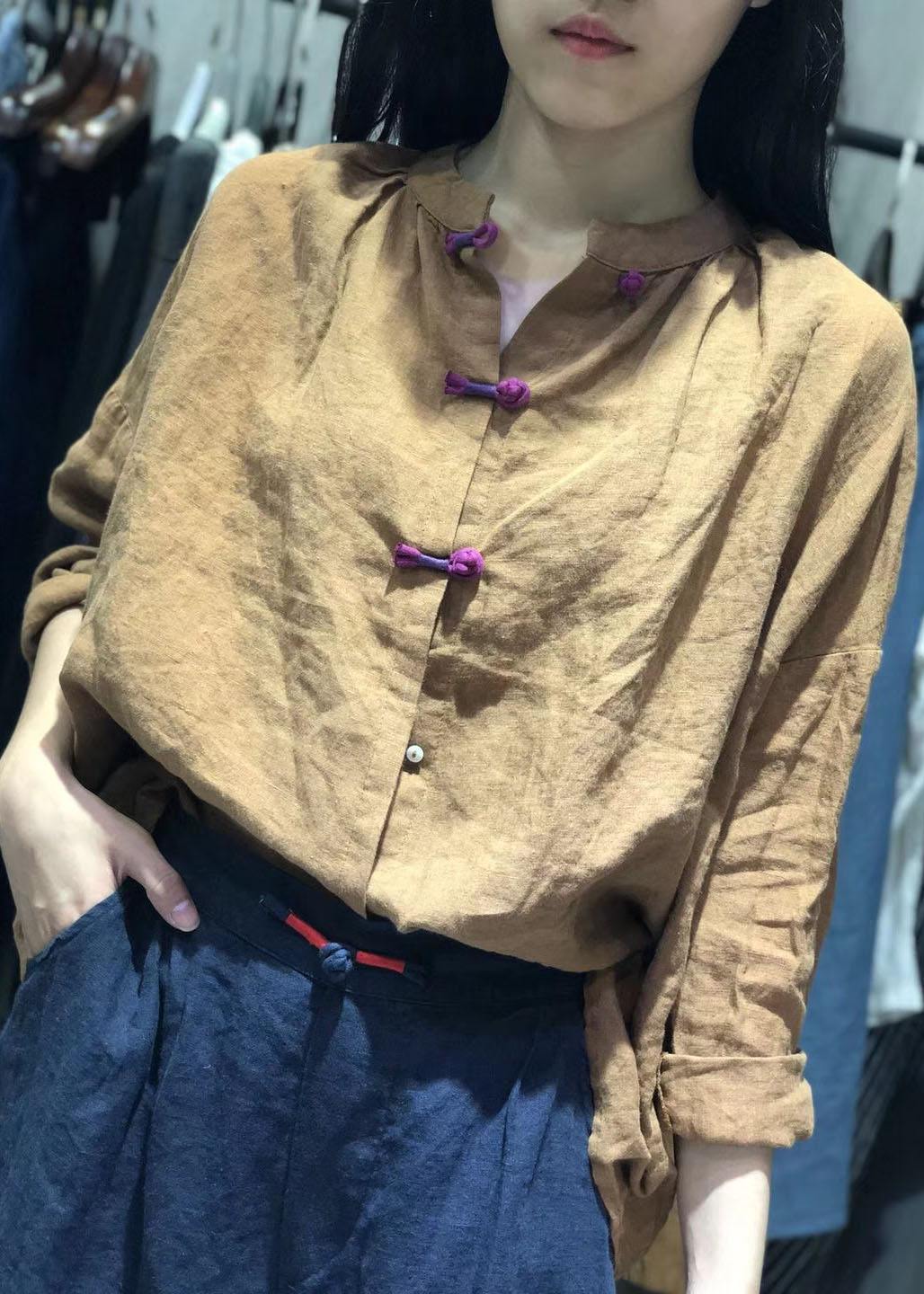 Bohemian white stand collar linen box top Chinese Button Plus Size Clothing fall top - SooLinen