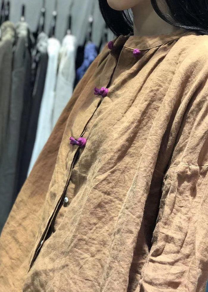 Bohemian white stand collar linen box top Chinese Button Plus Size Clothing fall top - SooLinen