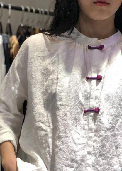 Bohemian white stand collar linen box top Chinese Button Plus Size Clothing fall top - SooLinen