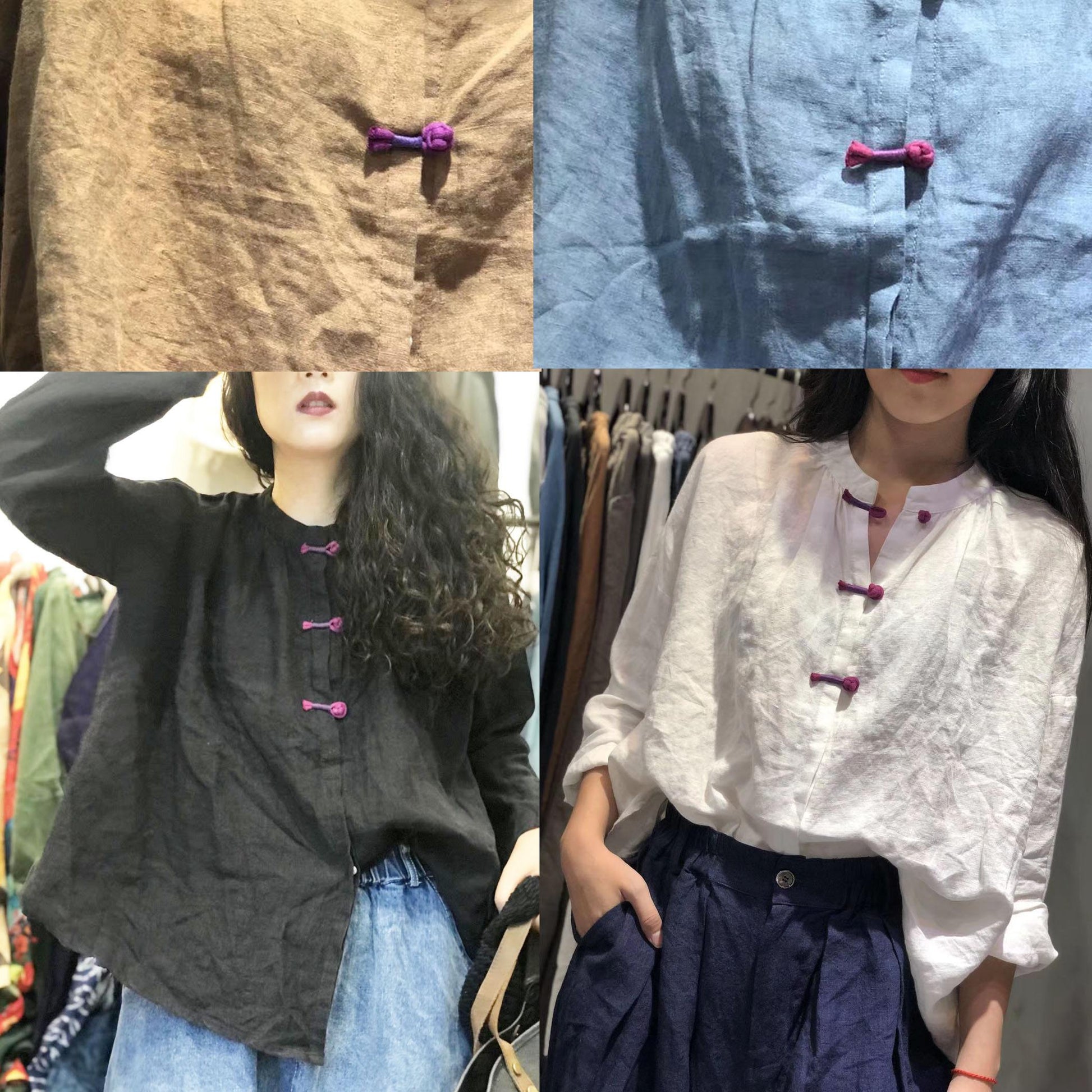 Bohemian white stand collar linen box top Chinese Button Plus Size Clothing fall top - SooLinen