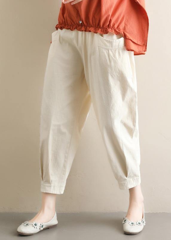 Bohemian wild pants casual beige Shape elastic waist asymmetric women pants - SooLinen