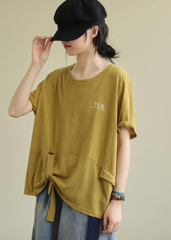 Bohemian yellow cotton linen tops women blouses o neck Letter Plus Size Clothing summer blouses - SooLinen