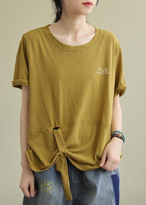Bohemian yellow cotton linen tops women blouses o neck Letter Plus Size Clothing summer blouses - SooLinen