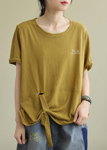 Bohemian yellow cotton linen tops women blouses o neck Letter Plus Size Clothing summer blouses - SooLinen