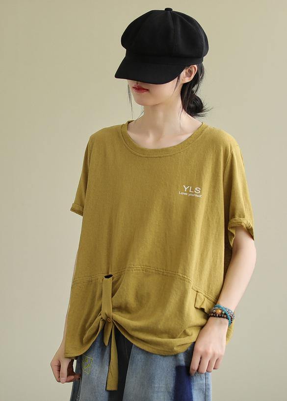 Bohemian yellow cotton linen tops women blouses o neck Letter Plus Size Clothing summer blouses - SooLinen
