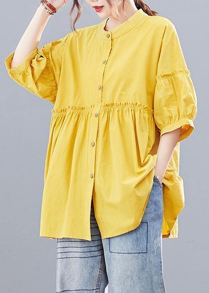 Bohemian yellow lantern sleeve cotton blouses for women stand collar Art summer shirts - SooLinen