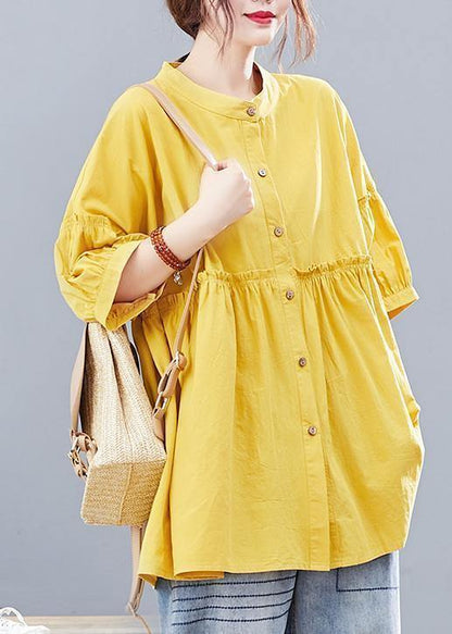 Bohemian yellow lantern sleeve cotton blouses for women stand collar Art summer shirts - SooLinen