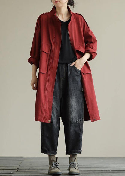 Bohemian zippered pockets fine fall Coats Women red baggy coat - SooLinen