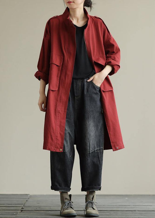 Bohemian zippered pockets fine fall Coats Women red baggy coat - SooLinen