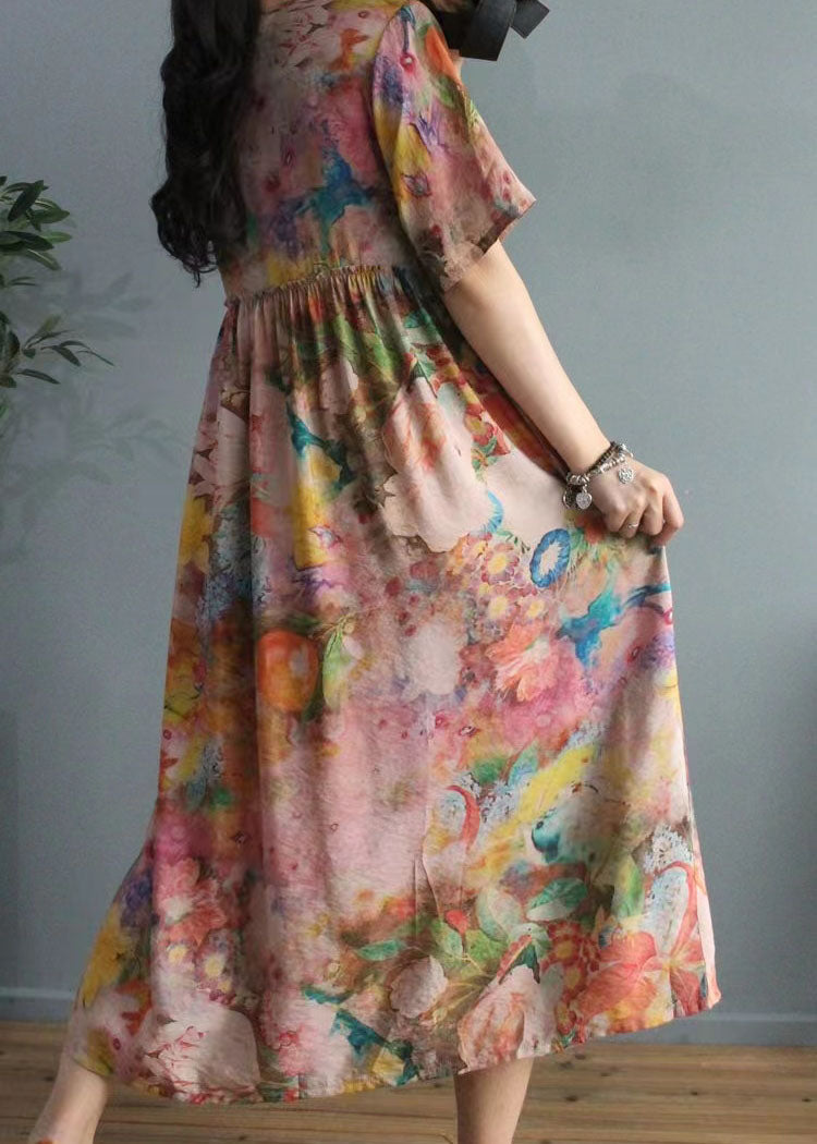 Böhmisches Blumenkleid aus Seidenfloss mit Rundhalsausschnitt und lockerem Sommerkleid