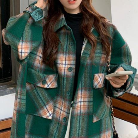 Bohemian Lapel Pockets Spring Shirts Green Plaid Top - SooLinen