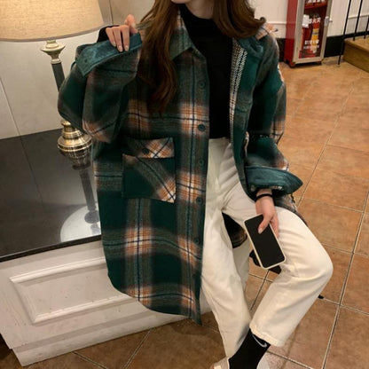 Bohemian Lapel Pockets Spring Shirts Green Plaid Top - SooLinen