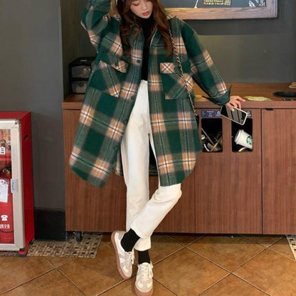 Bohemian Lapel Pockets Spring Shirts Green Plaid Top - SooLinen