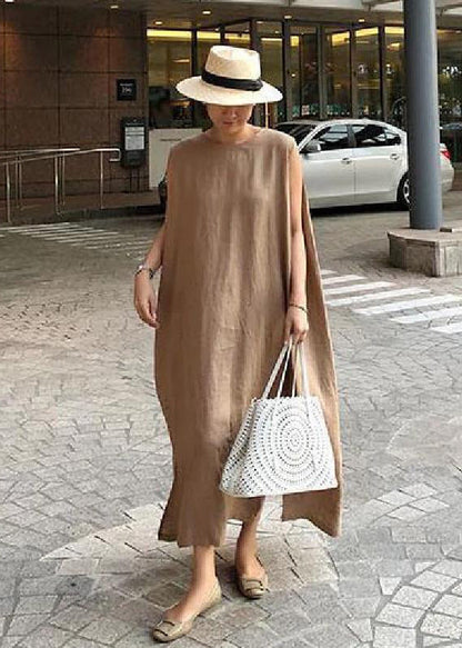 Bohemian O Neck Side Open Linen Cotton Clothes Fabrics Yellow Flower Dress