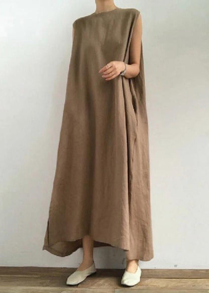 Bohemian O Neck Seite Offen Leinen Baumwolle Kleidung Stoffe Khaki Kleid