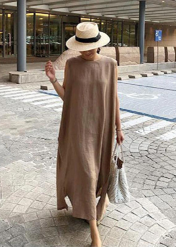 Bohemian O Neck Seite Offen Leinen Baumwolle Kleidung Stoffe Khaki Kleid