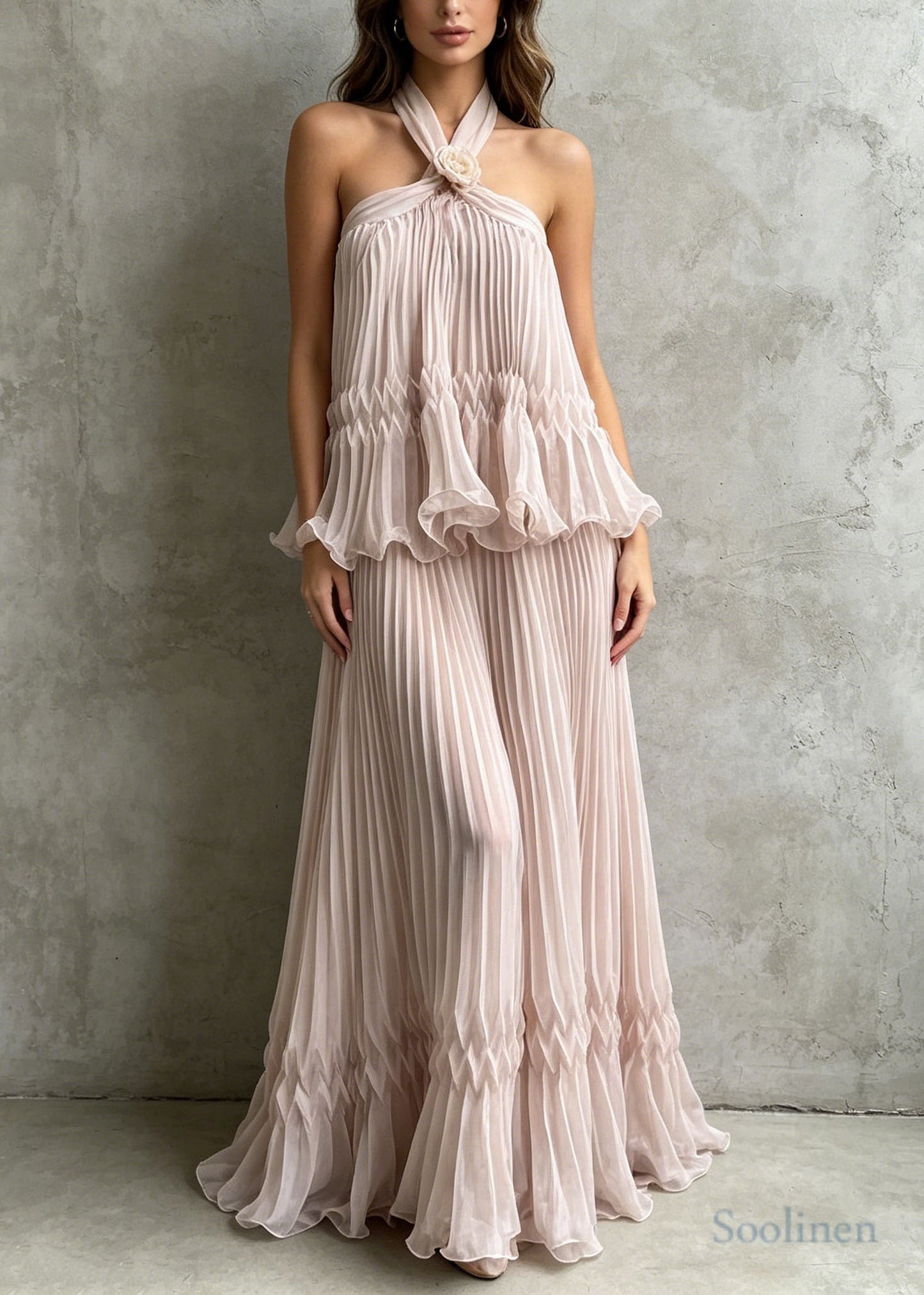 Boho Apricot Halter Backless Wrinkled Chiffon Party Dress Summer