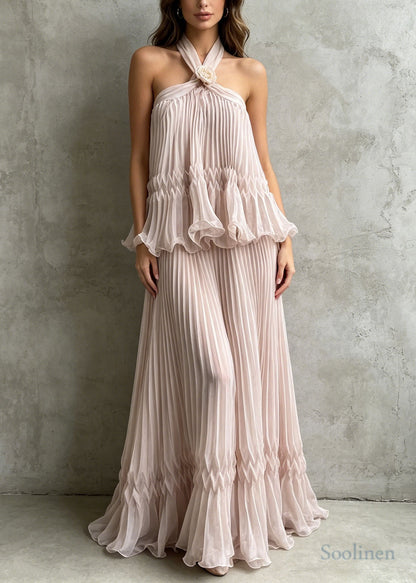 Boho Apricot Halter Backless Wrinkled Chiffon Party Dress Summer