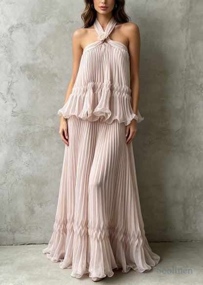 Boho Apricot Halter Backless Wrinkled Chiffon Party Dress Summer