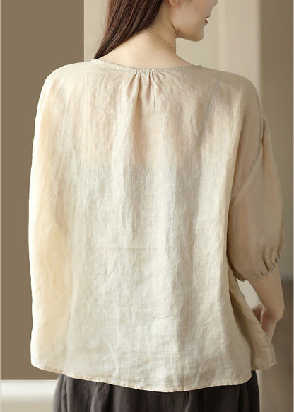 Camisas de verano de ramio con diseño bajo y alto bordado con cuello redondo de color albaricoque bohemio