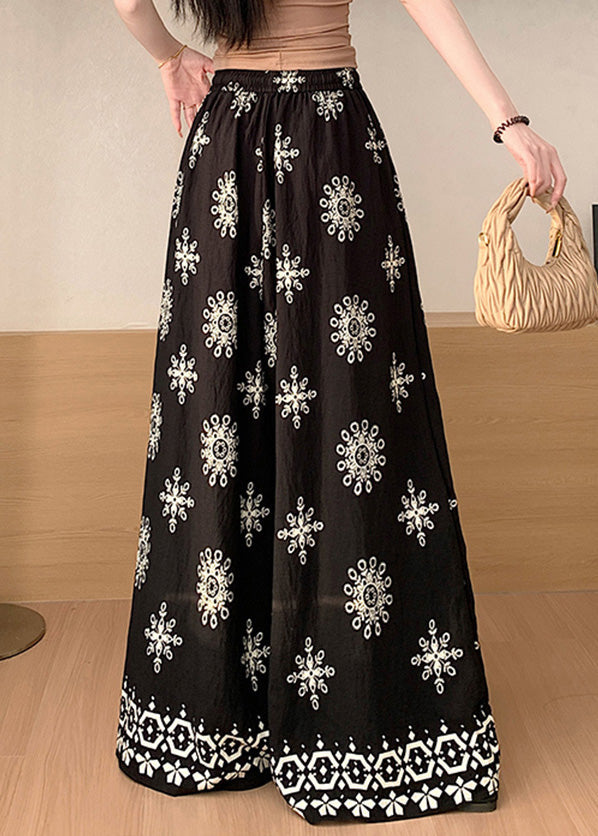 Boho Apricot Print Elastic Waist Cotton Wide Leg Pants Summer
