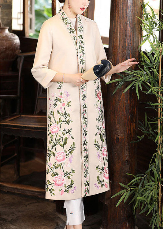 Boho Apricot V-Ausschnitt Print Orientalischer Herbst Winter Dreiviertelärmel Mantel