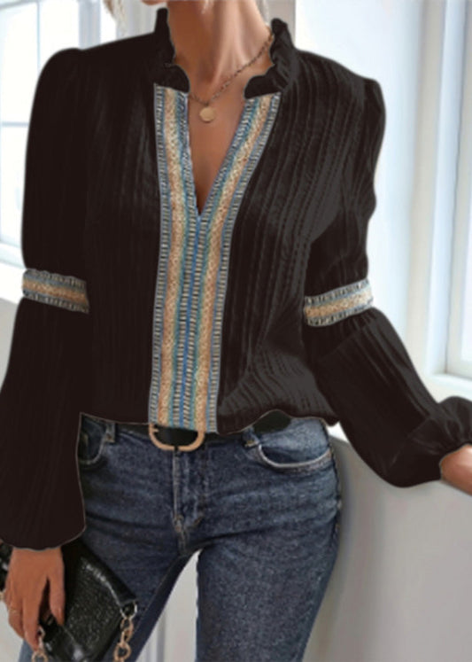 Boho Apricot V Neck Print Shirt Top Fall