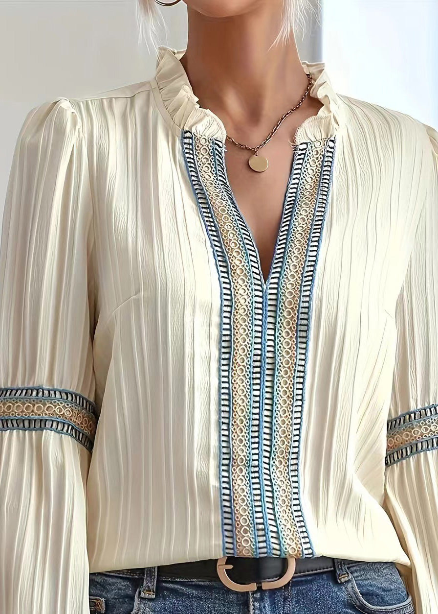 Boho Apricot V Neck Print Shirt Top Fall