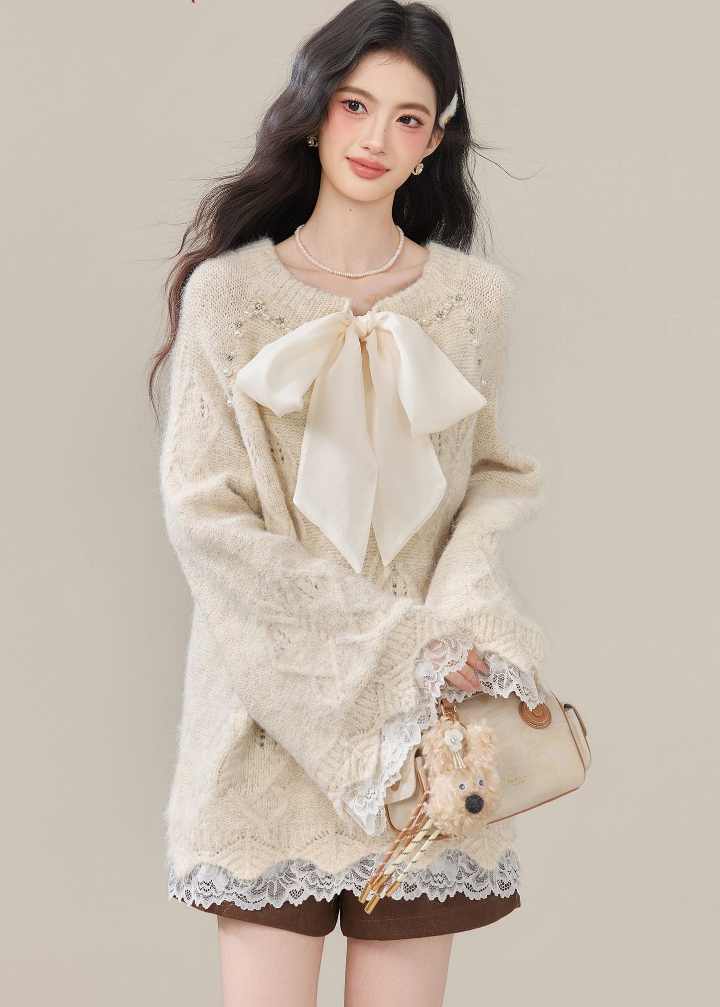 Tops de punto de encaje con patchwork de cuentas y lazo beige bohemio para invierno