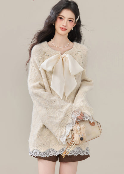 Tops de punto de encaje con patchwork de cuentas y lazo beige bohemio para invierno