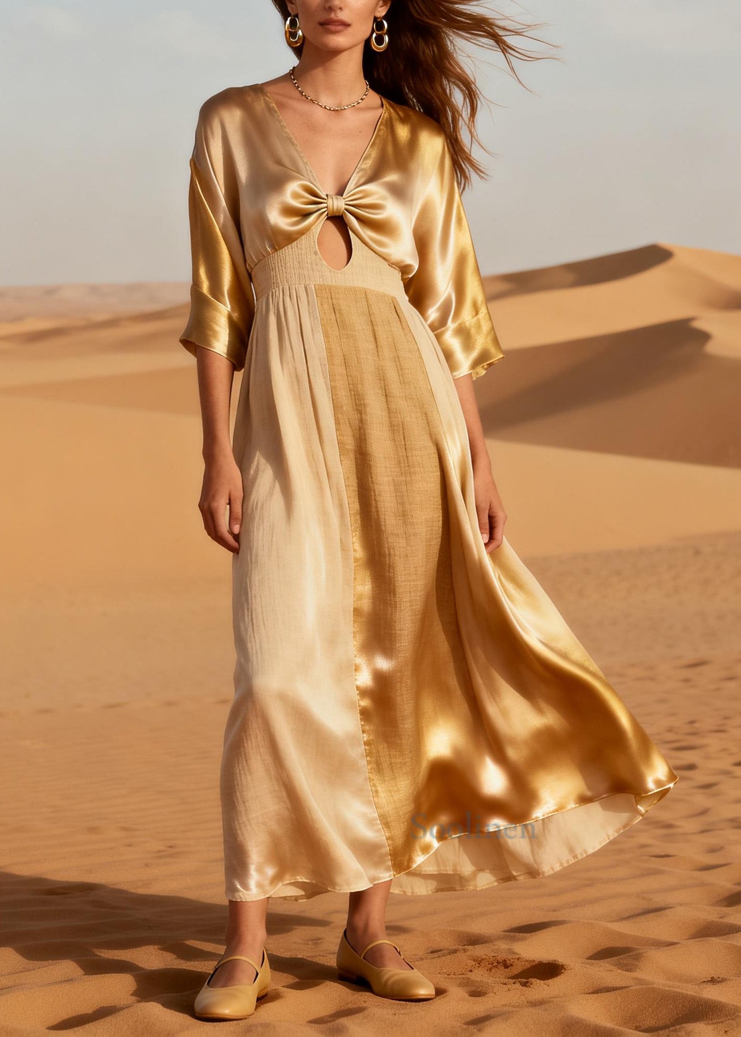 Boho Beige Bow Patchwork Linen Silk Long Dress Summer