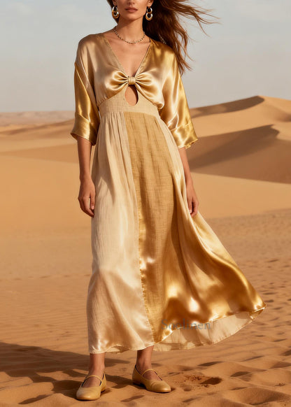 Boho Beige Bow Patchwork Linen Silk Long Dress Summer