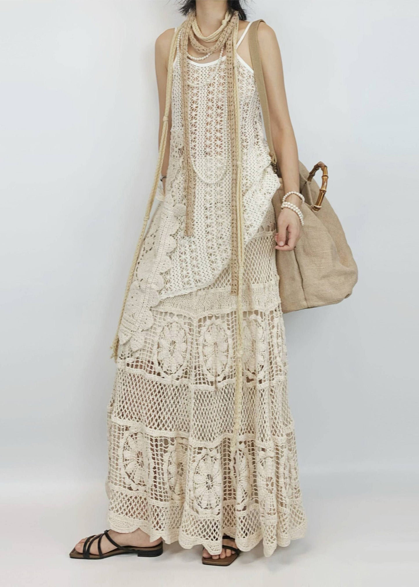 Boho Beige Hollow Out Asymmetrical Design Knit Two-Piece Set Summer